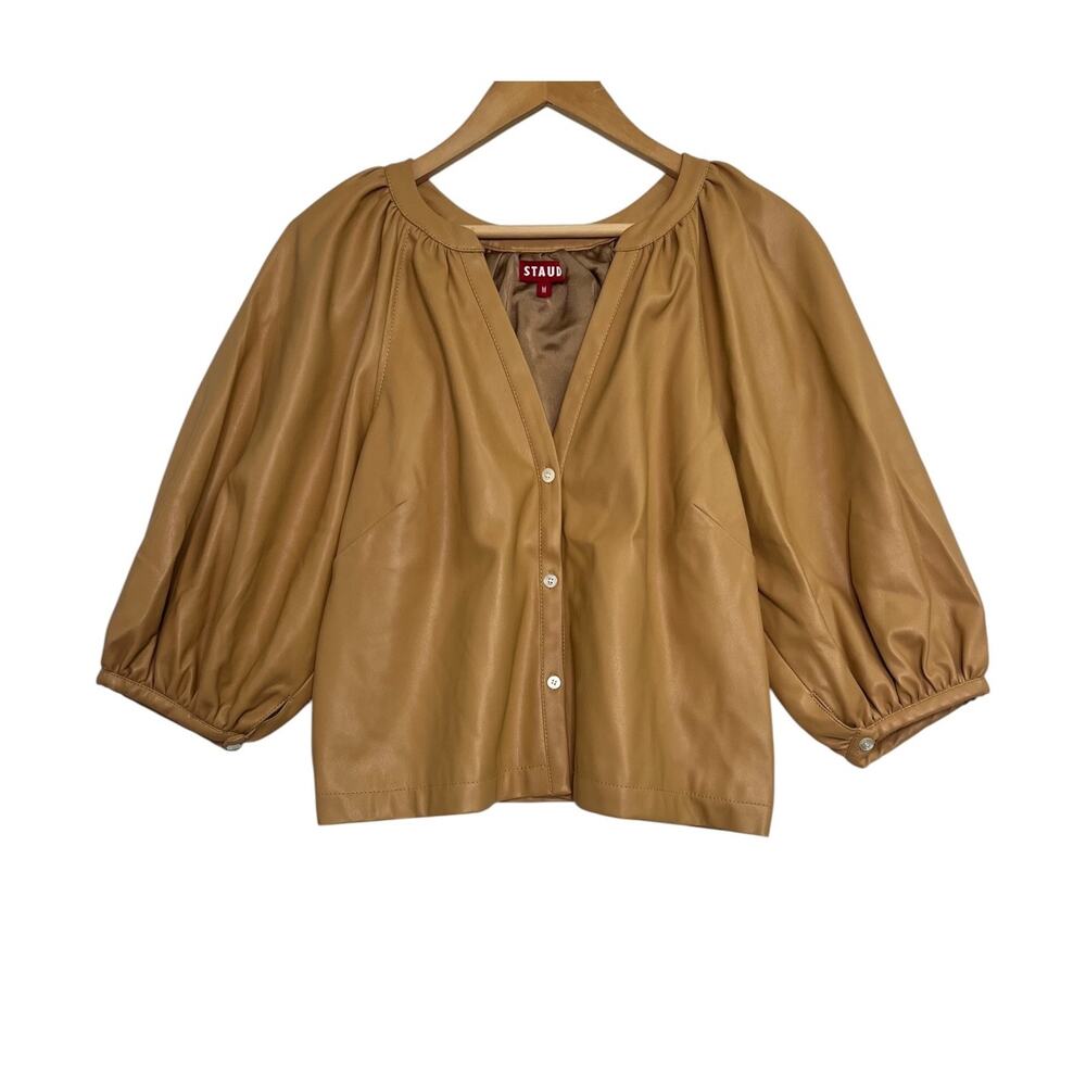 STAUD Dill Top Womens Medium Brown Vegan Leather Puff Sleeve Designer Modern
